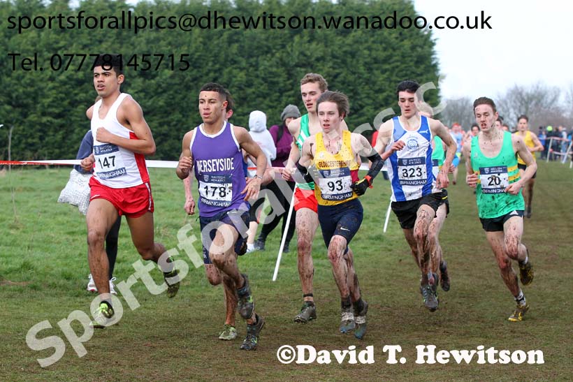 147 Jamaine Coleman (Lancashire), 178 Matthew Shirling (Merseyside) and Alex George (Gloucestershire) lead the under-20 mens Inter Counties Cross Country, Cofton Park, Birmingham. Photo: David T. Hewitson/Sports for All Pics